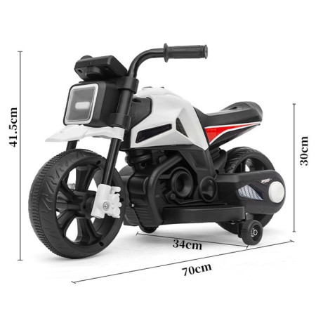 Motocicleta Electrica cu 2 Roti Mari si 2 Roti Ajutatoare, Flippy, Acumulator Incarcare, Anti-Rasturnare, Lumini, Muzica, Motor:380, Baterie 6V4.5, 41.5x70x34 cm, 4.5 Kg, 3 Ani+, Alb Negru