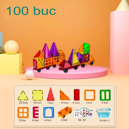 Set 100 de Piese Magnetice de Constructie, Flippy, Magnetic Tiles, Piese Mari, Forme Geometrice, 3 Ani, ABS, Magnet, 20.5 x 14.5 x 12 cm, Multicolor