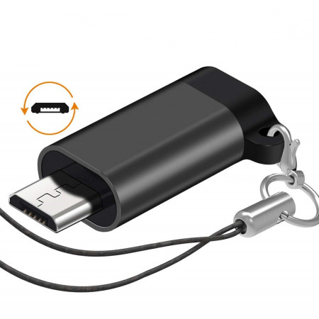 Adaptor Type C (mama) to micro USB (tata) cu Agatatoare Breloc inclusa, 2.5 cm lungime, Negru