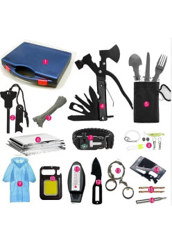 Kit Supravietuire Multifunctional Flippy, Instrumente Profesionale, Sub Forma de Trusa, pentru Camping, Drumetii si Aventuri in Aer Liber, Albastru