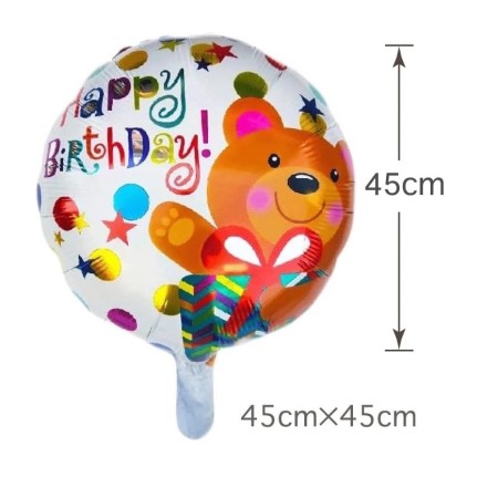 Balon din Folie Metalizata, Flippy, Mini Figurina Rotunda, Model Happy Birthday Ursulet, Tema Aniversare, 45 cm, Ambalaj Individual, Pai inclus, Umflare cu Aer sau Heliu, Maro