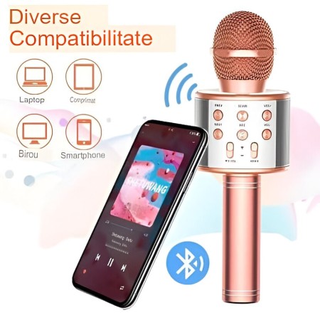 Microfon Karaoke, Flippy, pentru Copii, Bluetooth, Boxa Incorporata, Compatibil cu Orice Smartphone, Acumulator Integrat, Multifunctional, Rose Gold