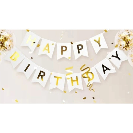 Banner Happy Birthday 100x200 cm, Flippy, Dimensiune Stegulet 11.5x16.5 cm, Rola de Ata Inclusa, Alb