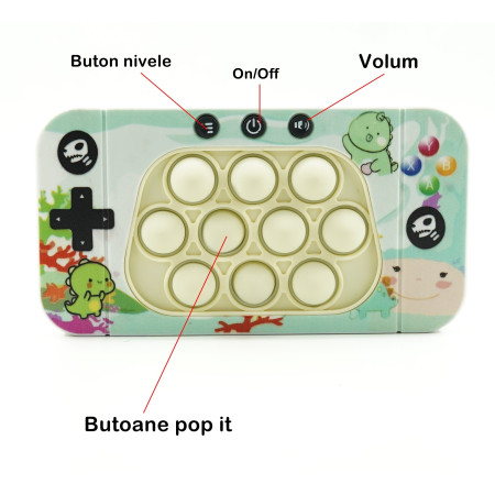 Jucarie interactiva tip consola pentru copii Flippy, speed push whack-a-mole, joc de viteza pop it, material ABS/silicon, cu nivele, sunete si lumini, 15.5 x 7.6 x 5.3 cm, model dinozaur, verde