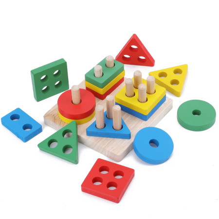 Jucarie Educativa Flippy, Tip Montessori, din Lemn, + 36 Luni, Forme Geometrice, 16 Piese, 12 x 12 cm, Multicolor