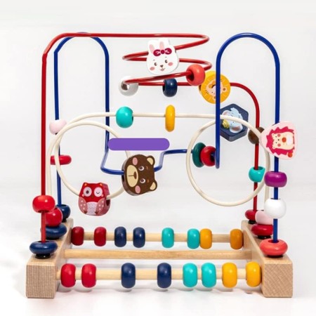 Jucarie din Lemn Montessori, Flippy, Labirint Motricitate cu Abac si Animalute, Rollercoaster pentru Copii, Educativ, Dezvoltarea Abilitatilor Motorii, Numaratoare, 22.5x22.5x15 cm, Multicolor