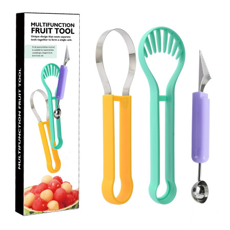 Ustensila bucatarie 4 in 1 pentru taiat si decorat fructe Flippy, material inox si plastic, compact, 28x6.2 cm, multicolor