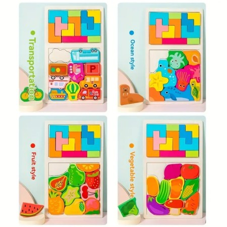 Puzzle Montessori din Lemn pentru Copii, Flippy, Tip Tetris 2in1, +3 Ani, cu Masini Colorate 3D, Educativ, Intuitiv, Creativ, 21 de Piese, 28.5x17x1.2 cm, Multicolor