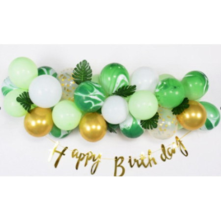 Set 37 de Piese, Baloane din Latex si Banner Happy Birthday, Verde, Auriu, Alb