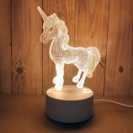 Lampa LED decorativa, Flippy, 3D, Unicorn, cu USB si baterii, 20 cm inaltime, din material acril, lumina multicolora si telecomanda inclusa, alb