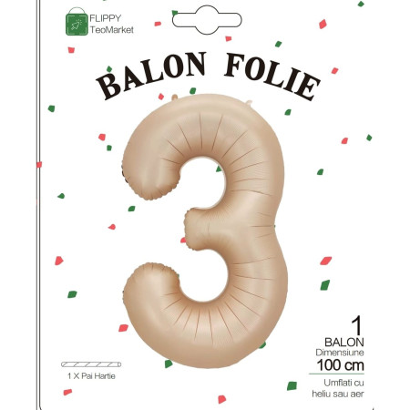 Balon din Folie Metalizata, Flippy, Figurina Cifra, Model 3, Tema Aniversare 100 cm, Ambalaj Individual, Pai Inclus, Umflare cu Aer sau Heliu, Crem