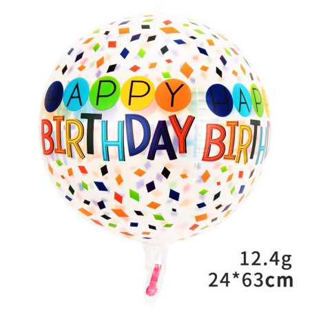 Balon din Folie Metalizata, Flippy, Figurine 4D, Model Happy Birthday, Tematica Aniversara Bombonele, 63x24 cm, Ambalaj Individual, Pai Inclus, Umflare cu Aer sau Heliu, Alb-Multicolor