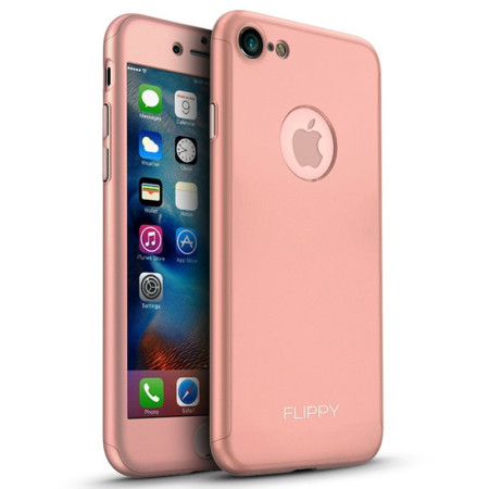 Husa protectile Flippy Premium Full Cover 360 pentru Apple iPhone 8, Roz Auriu cu Folie Sticla inclusa