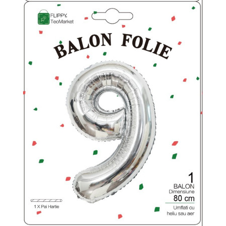 Balon din Folie Metalizata, Flippy, Figurina Cifra, Tema Aniversare 80 cm, Ambalaj Individual, Pai inclus, Umflare cu Aer sau Heliu, Argintiu, Cifra 9