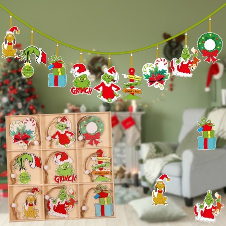 Set 18 Decoratiuni de Craciun din Lemn, Flippy, cu Snur pentru Agatare in Brad, Model Grinch, Diferite Dimensiuni, Multicolor