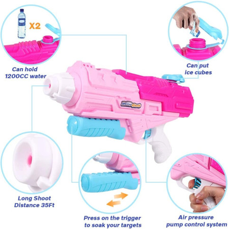 Pistol cu Apa pentru Copii, Rezervor, Pentru Piscina/Plaja, Flippy, 6ani+, Roz, 1250ML