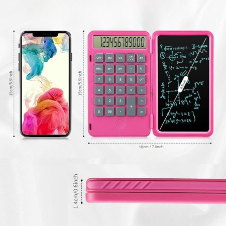 Calculator de Mana Reincarcabil cu Tabla de Scris, Flippy, Calculator Portabil, Ecran LCD, Afisaj cu 12 Cifre, Ecran de 15 cm, Culoare Roz