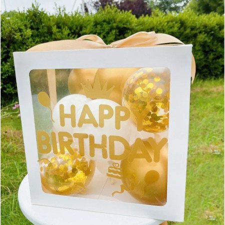 Cutie pentru Baloane, Flippy, Tematica Aniversare, Model Scris Happy Birthday, Baloane Aurii, Albe si Panglica Incluse, Contur Alb, Transparenta, 30x30 cm