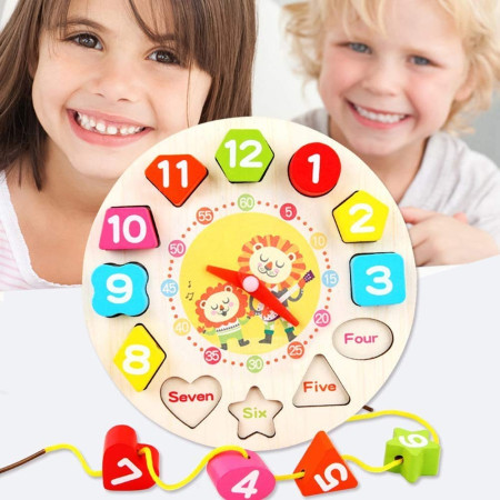 Jucarie Educativa Flippy, Tip Montessori, Model Ceas Leu, din Lemn, + 36 Luni, 12 Piese, 17 cm, Multicolor