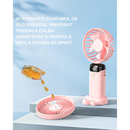 Ventilator Ultra Portabil cu Aromaterapie, Flippy, 3 in 1, de Mana, de Birou, de Gat, 5 Trepte de Viteza, Incarcare USB, Autonomie 12h, Pliabil, cu Ecran LCD, Roz