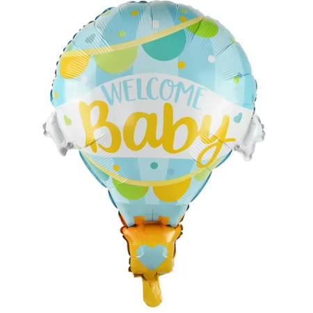 Balon din Folie Metalizata, Flippy, Mini Figurine, Model Balon cu Aer Cald Baietel, Tematica Welcome Baby, 80x62 cm, Ambalaj Individual, Pai Inclus, Umflare cu Aer sau Heliu, Albastru