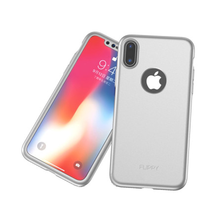 Set Husa si Folie de Protectie, Flippy, Compatibila cu Apple iPhone X, Full Cover 360°, Plastic + Sticla, Argintiu