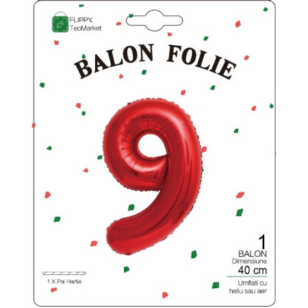 Balon din Folie Metalizata Flippy, Figurina Cifra, Tema Aniversare 40 cm, Ambalaj Individual, Pai inclus, Umflare cu Aer sau Heliu, Rosu, Cifra 9