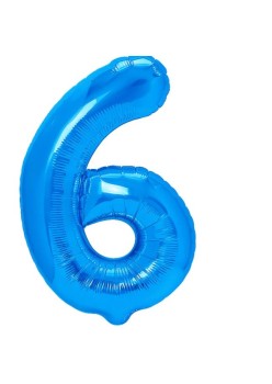 Balon din Folie Metalizata Flippy, Figurina Cifra, Tema Aniversare 80 cm, Ambalaj Individual, Pai inclus, Umflare cu Aer sau Heliu, Albastru, Cifra 6