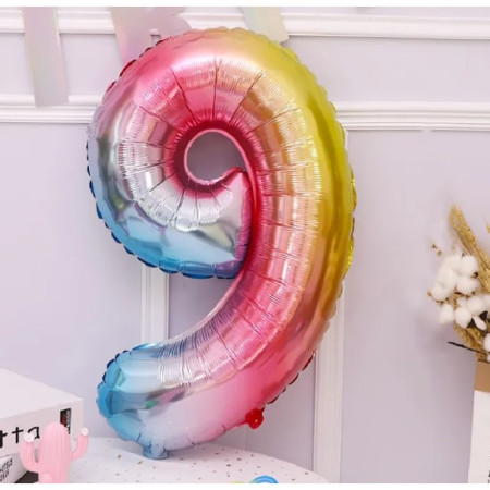 Balon din Folie Metalizata Flippy, Figurina Cifra, Tema Aniversare 40 cm, Ambalaj Individual, Pai inclus, Umflare cu Aer sau Heliu, Multicolor, Cifra 9