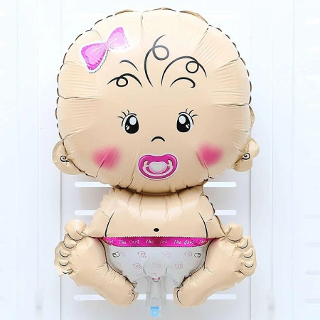 Balon din Folie Metalizata, Flippy, Figurina Fetita, Tema Botez, 73x48 cm,  Ambalaj Individual, Pai Inclus, Umflare cu Aer sau Heliu, Roz