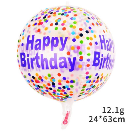 Balon din Folie Metalizata, Flippy, Figurine 4D, Model Happy Birthday, Tematica Aniversara Bombonele, 63x24 cm, Ambalaj Individual, Pai Inclus, Umflare cu Aer sau Heliu, Mov-Multicolor