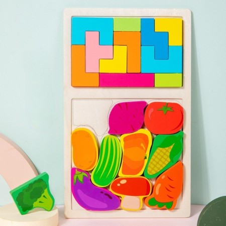 Puzzle Montessori din Lemn pentru Copii, Flippy, Tip Tetris 2in1 +3 Ani, cu Legume Colorate 3D, Educativ, Intuitiv, Creativ, 21 de Piese, 28.5x17x1.2 cm, Multicolor