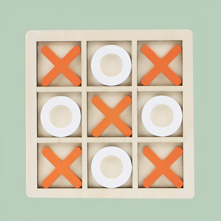 Jucarie Montessori Tic Tac Toe, Flippy, Educativa, Interactiva, din lemn, X si O, 9 Piese, 14.3x14.3 cm, Portocaliu Alb