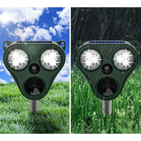 Aparat Solar LED cu Ultrasunete, Flippy, Repelent pentru Animale Mari si Mici, Lumina Rosie si Alba, Anti Rozatoare, Anti Insecte, Frecventa 13.5KHZ-65 KHZ, Senzor PIR, 13 x 14.7 x 24.5 cm, Verde