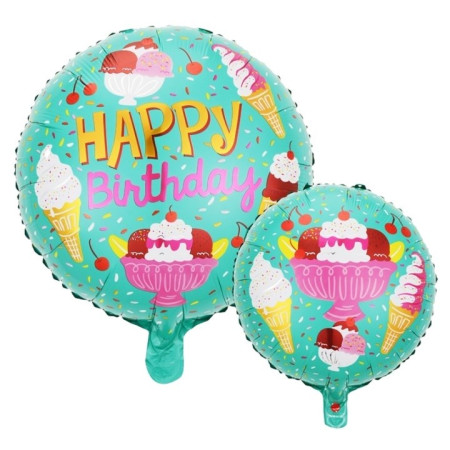 Balon din Folie Metalizata, Flippy, Mini Figurina Rotunda, Model Inghetata, Happy Birthday, Tematica Aniversare, 45 cm, Ambalaj Individual, Pai Inclus, Umflare cu Aer sau Heliu, Verde