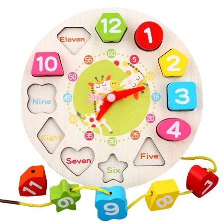 Jucarie Educativa Flippy, Tip Montessori, Model Ceas Girafa, din Lemn, + 36 Luni, 12 Piese, 17 cm, Multicolor