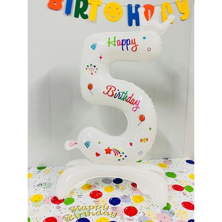 Balon din Folie Metalizata, Flippy, Figurina Cifra, Model 5 cu Happy Birthday Scris, Tema Aniversare 81 cm, Ambalaj Individual, Pai Inclus, Umflare cu Aer sau Heliu, Alb