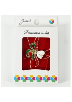 Martisor Brosa Mica in Cutie, Dimensiune Brosa 2.5-3 cm, Material Metal, Model Ghiocel cu Fundita Rosu/Verde