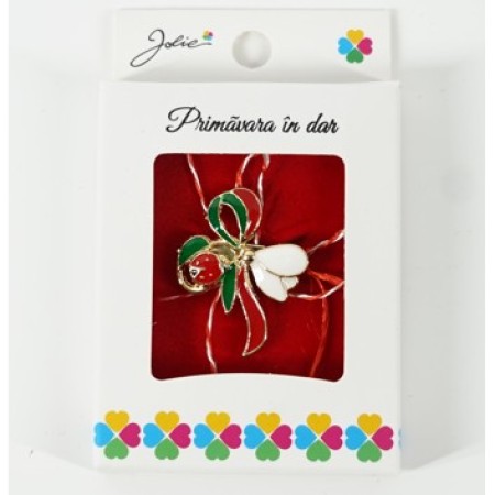 Martisor Brosa Mica in Cutie, Dimensiune Brosa 2.5-3 cm, Material Metal, Model Ghiocel cu Fundita Rosu/Verde