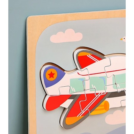 Puzzle Montessori din Lemn pentru Copii, Flippy, 3D, 0-3 Ani, Model Avion, Educativ, Intuitiv, Creativ, 6 Piese, 15x15x0.5 cm, Multicolor