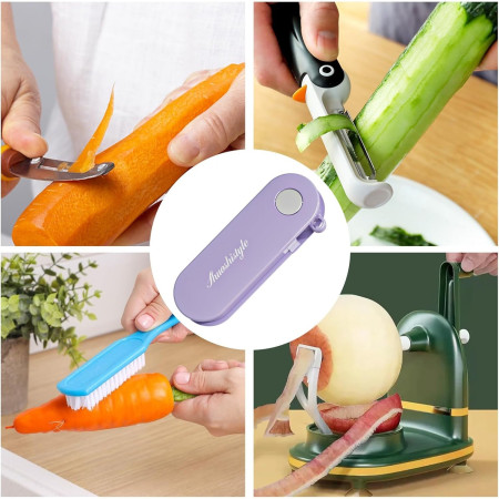 Peeler pentru Legume si Fructe, Flippy, 3.6 x 9.1 cm, Multifunctional, Curatator Pliabil, din ABS si Otel Inoxidabil, Mov