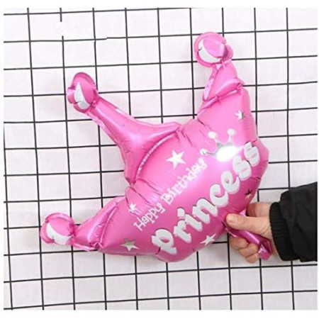 Balon din Folie Metalizata, Flippy, Mini Figurine, Model Coroana de Printesa, Tematica Aniversare, 42x38 cm, Ambalaj Individual, Pai Inclus, Umflare cu Aer sau Heliu, Roz