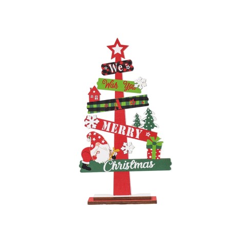 Decoratiune de Craciun din Lemn, Flippy, pentru Masa, Model Bradut, Scris We Wish You A Merry Christmas, 21.5x12.2x4 cm, Multicolor