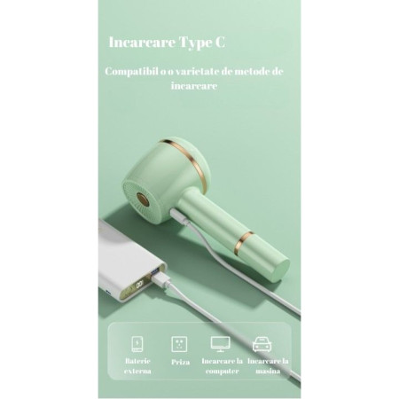 Aparat Pentru Curatat Scame, Par Si Praf, Flippy, Pentru Diferite Tipuri De Material, Cu Lame Din Otel Inoxidabil, Incarcare Prin USB Type-C, Cu Perie De Curatare, Cablu USB Si Stick Cu Lipici Incluse, Verde, 220 x 86 mm