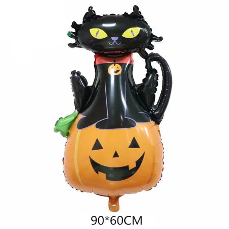 Set 5 Baloane din Folie Metalizata, Flippy, Figurine, Tema Halloween, Pai Inclus, Ambalaj Individual, Umflare cu Aer sau Heliu, Figurina Dovleac si Pisica 90x60 cm, Stelute si Cerculete 45 cm, Portocaliu-Negru