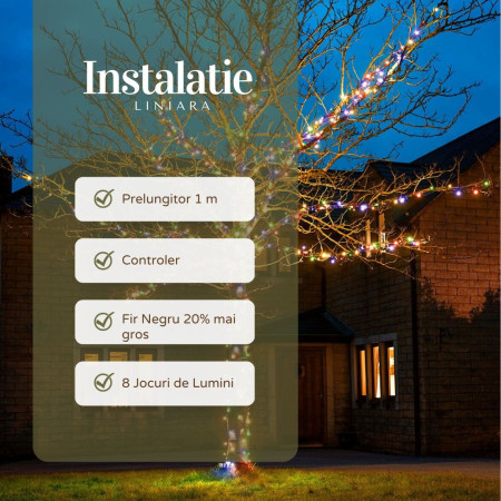 Instalatie de Craciun Liniara Yoto, 22 m, din care 1 m Prelungitor 220V, 300 LED, 8 jocuri de lumini, Controler, Utilizare Interior/Exterior, Fir Negru, multicolor