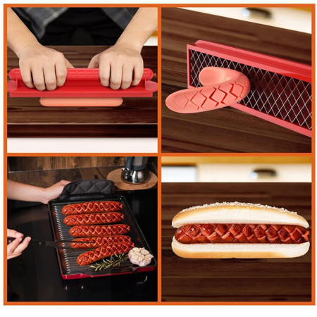 Feliator manual pentru hot-dog Flippy, crestare carnati si hot-dog, manual, potrivit pentru gratar, 29.5 x 6.5 cm, din inox si ABS, rosu