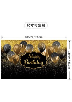 185*110cm-MH23315;-Banner background cloth photo decoration Happy Birthday black gold theme