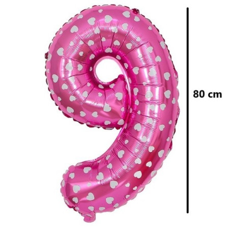 Balon din Folie Metalizata Flippy, Figurina Cifra, Imprimeu Inimi, Tema Aniversare 80 cm, Ambalaj Individual, Pai inclus, Umflare cu Aer sau Heliu, Roz, Cifra 9