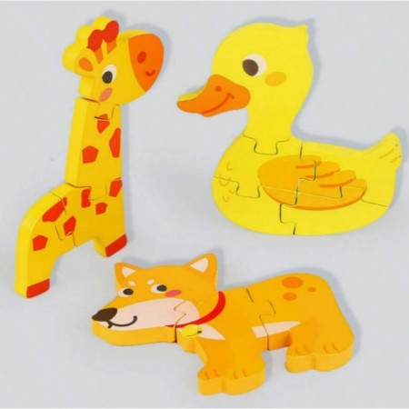 Puzzle Montessori din Lemn pentru Copii, Flippy, 3D, 0-3 Ani, Model Catel, Educativ, Intuitiv, Creativ, 3 Piese, 15x15x0.5 cm, Multicolor